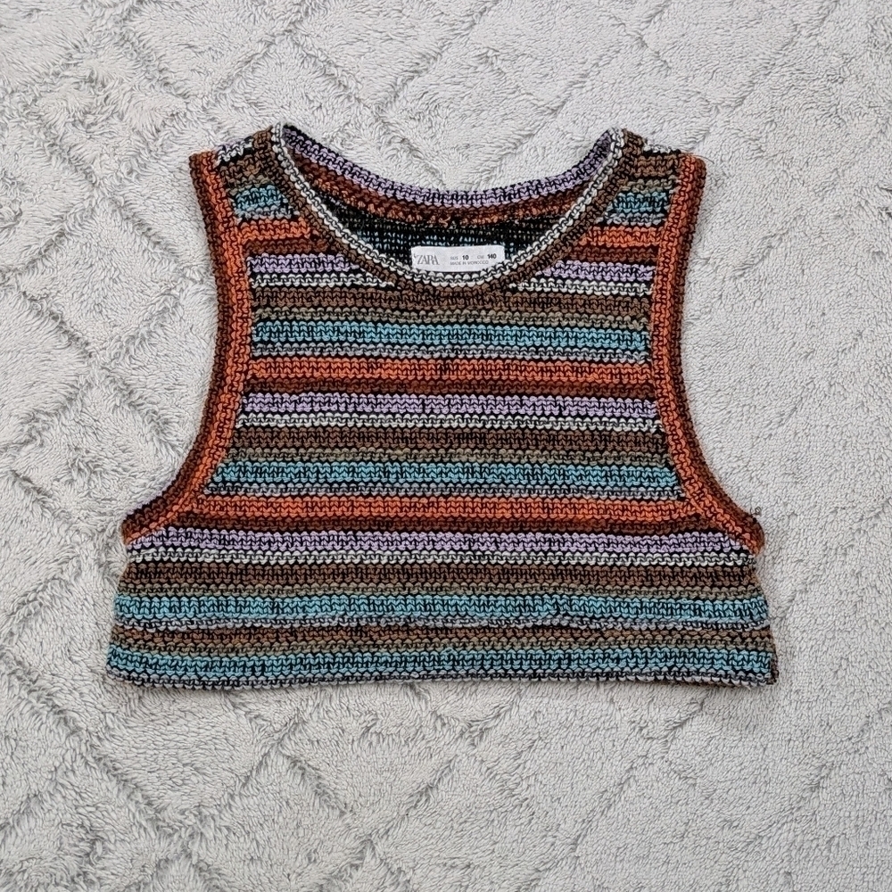 Zara Top Girls 10 Women's XS Blue Orange Multi Knit Crop Sleeveless Tank